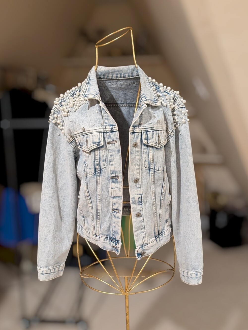 Women's Jean Jacket: Light Blue Pearl-Embellished Denim Jacket, Size: M